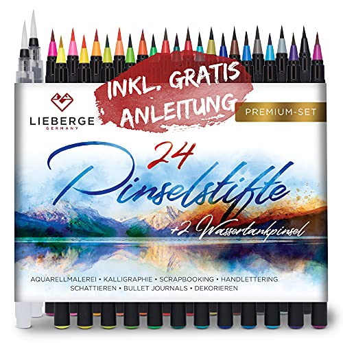 LIEBERGE Pinselstifte Premium-Set - 24 Aquarellfarben + 2 Wassertankpinsel - Brush Pen mit flexibler Pinselspitze für Aquarell, Hand Lettering, Bullet Journal, Kalligraphie