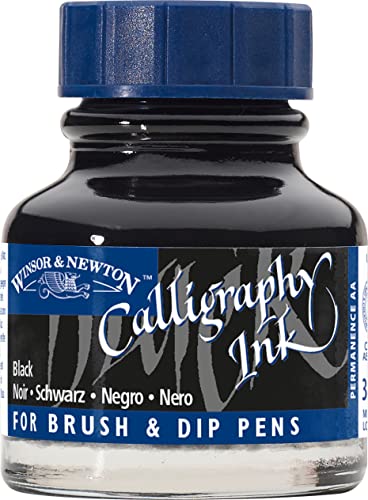 Winsor & Newton 1111030 Kalligraphie Tuschen (für Füllfederhalter oder Schreibfedern, untereinander mischbar, lichtecht, beständige Farbe) 30 ml Flasche schwarz